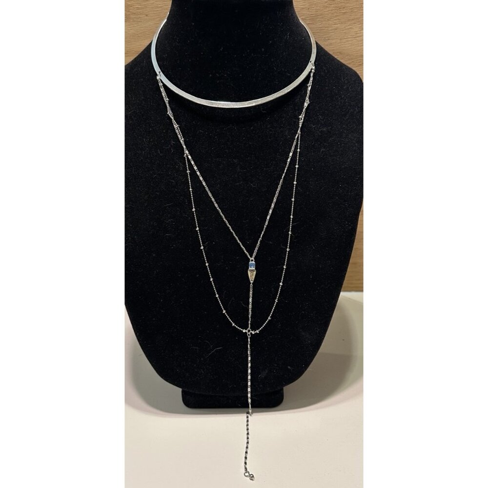 Silver Tone Choker Collar Y Necklace Cleavage Chain Dangle Blue Rhinestone